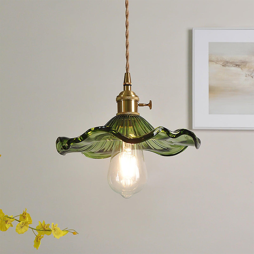 Hibiscus Flower Glass Pendant Light – Elegant Kitchen Hanging Light with Brass Accents, Adjustable Length 0