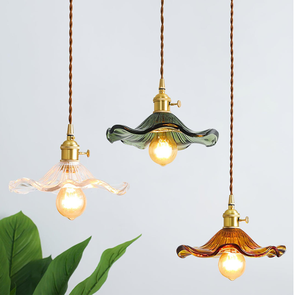 Hibiscus Flower Glass Pendant Light – Elegant Kitchen Hanging Light with Brass Accents, Adjustable Length 2