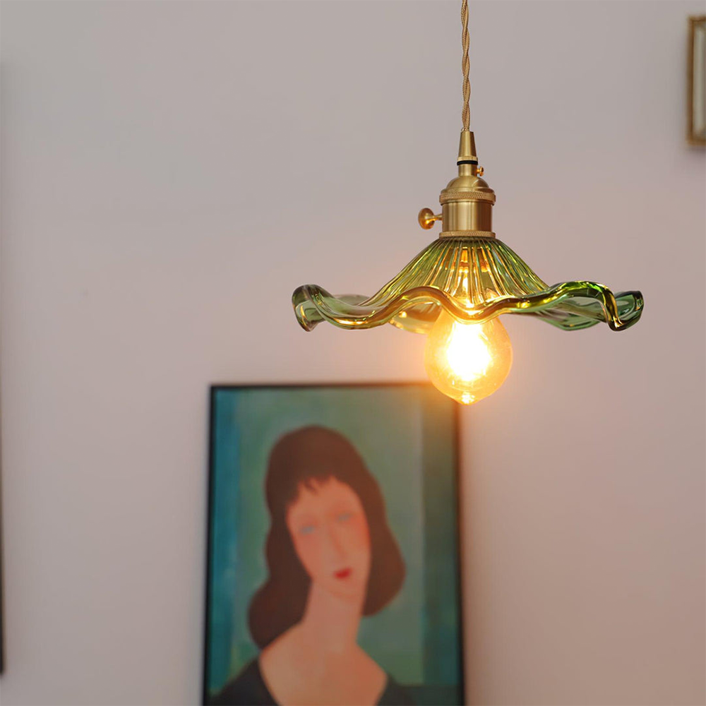 Hibiscus Flower Glass Pendant Light – Elegant Kitchen Hanging Light with Brass Accents, Adjustable Length 3