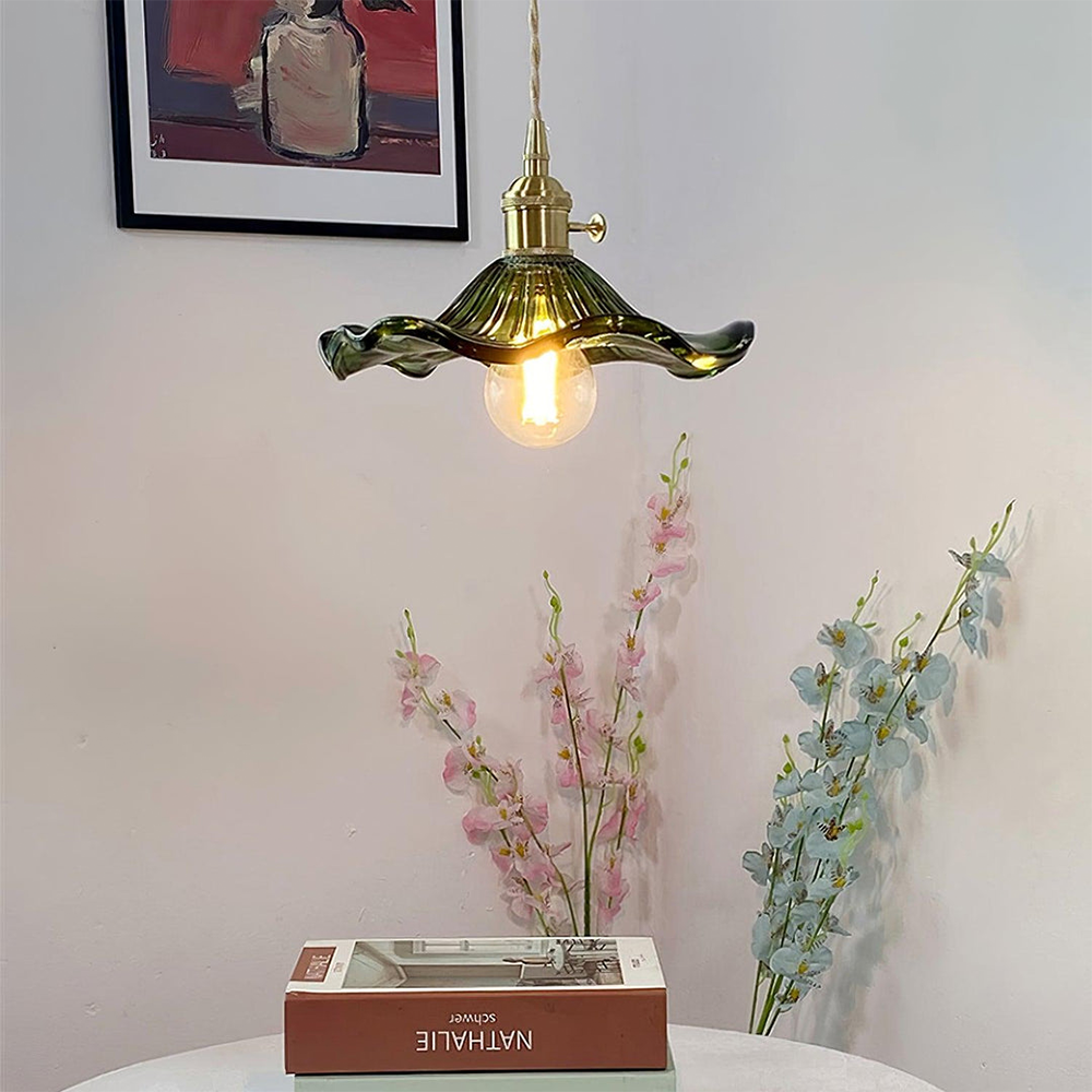 Hibiscus Flower Glass Pendant Light – Elegant Kitchen Hanging Light with Brass Accents, Adjustable Length 5