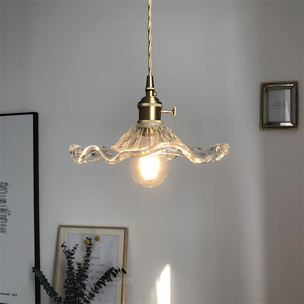 Hibiscus Flower Glass Pendant Light – Elegant Kitchen Hanging Light with Brass Accents, Adjustable Length 7