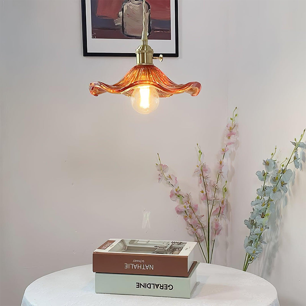 Hibiscus Flower Glass Pendant Light – Elegant Kitchen Hanging Light with Brass Accents, Adjustable Length 8