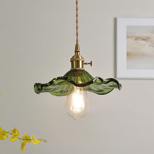 Hibiscus Flower Glass Pendant Light – Elegant Kitchen Hanging Light with Brass Accents, Adjustable Length 0