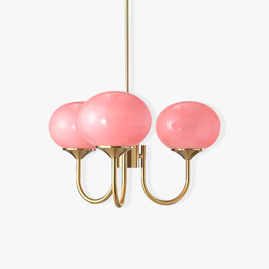 Modern Chandelier Light Fixture with Pink Glass Shades and Golden Finish – Stylish Hanging Light for Home Decor 0