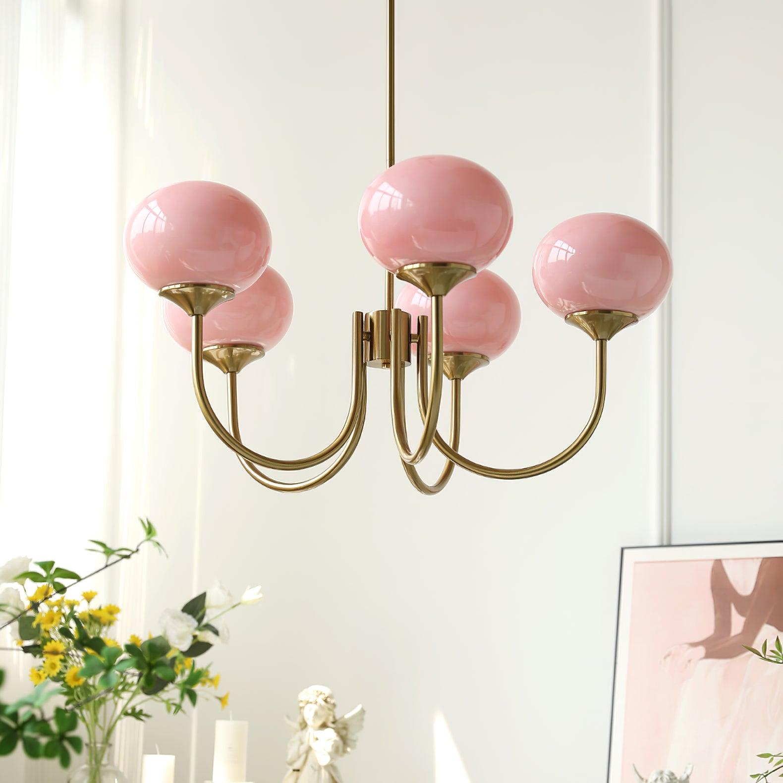 Modern Chandelier Light Fixture with Pink Glass Shades and Golden Finish – Stylish Hanging Light for Home Decor 1
