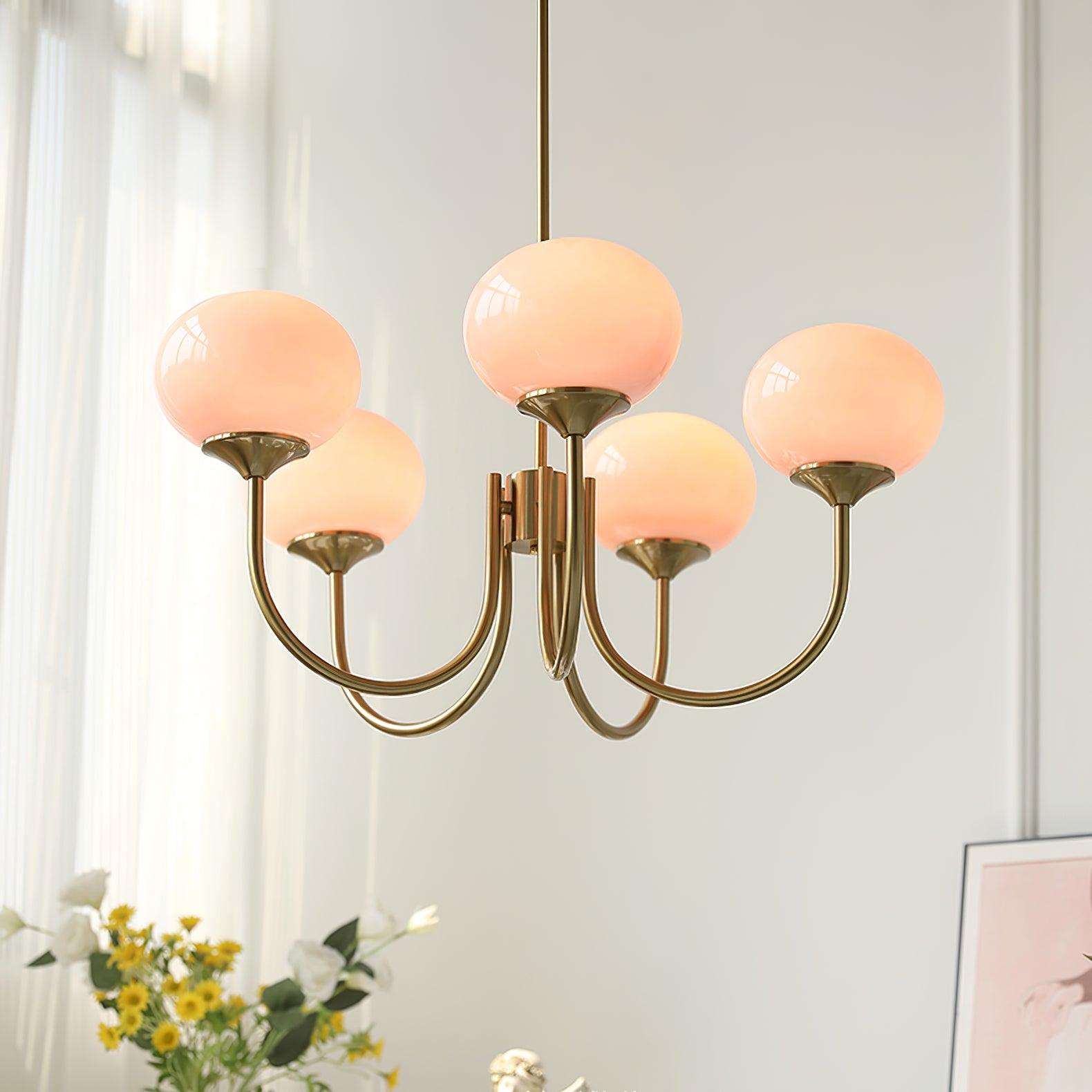 Modern Chandelier Light Fixture with Pink Glass Shades and Golden Finish – Stylish Hanging Light for Home Decor 2