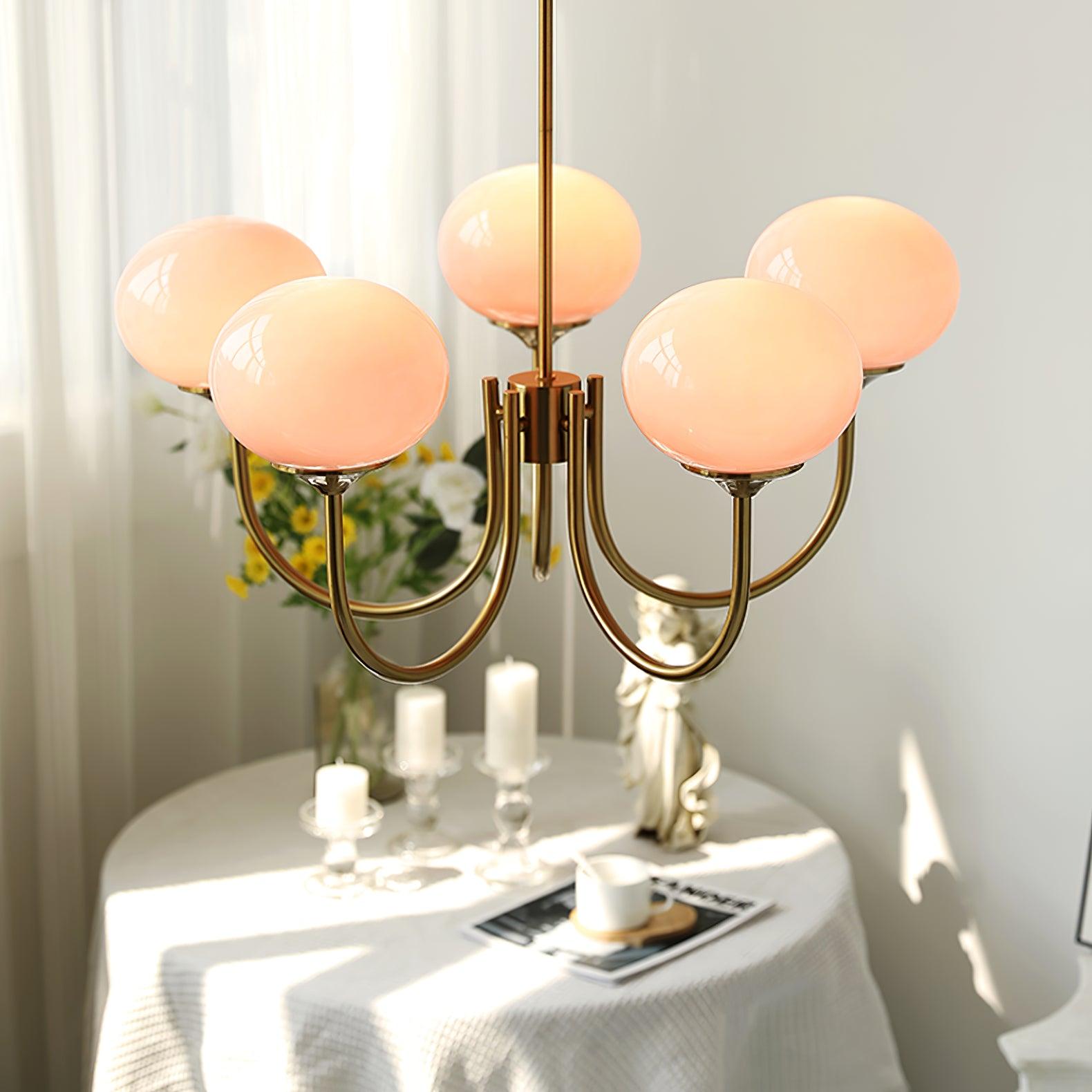 Modern Chandelier Light Fixture with Pink Glass Shades and Golden Finish – Stylish Hanging Light for Home Decor 4