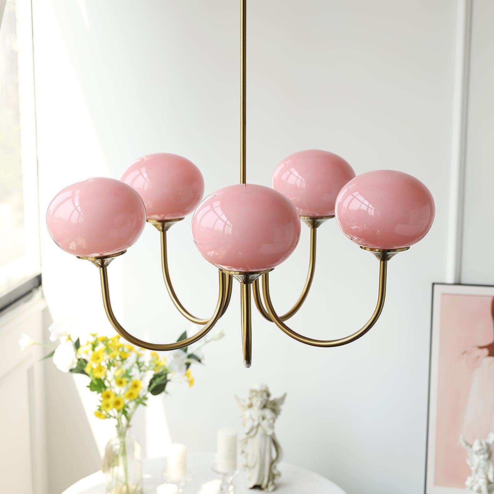Modern Chandelier Light Fixture with Pink Glass Shades and Golden Finish – Stylish Hanging Light for Home Decor 5