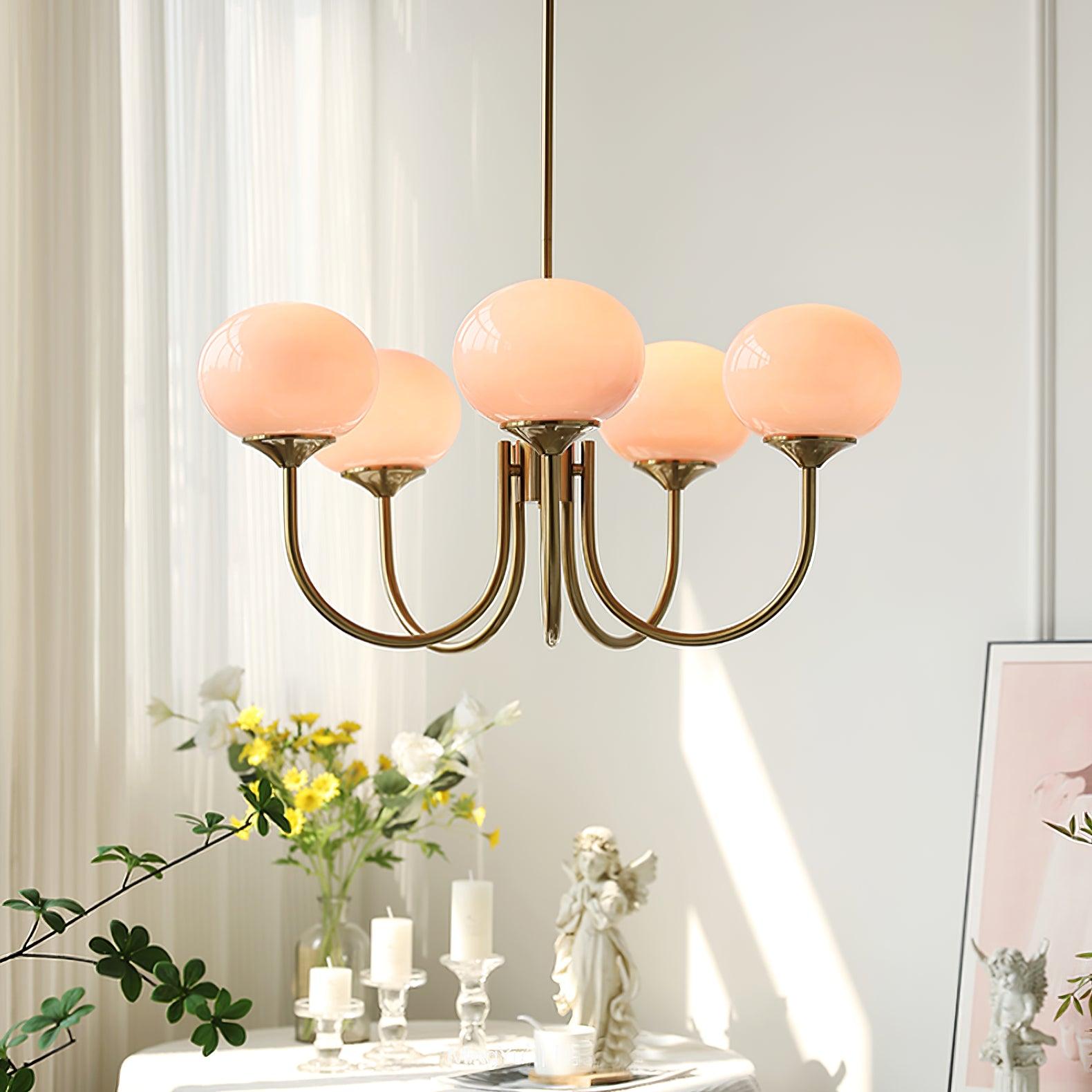Modern Chandelier Light Fixture with Pink Glass Shades and Golden Finish – Stylish Hanging Light for Home Decor 6