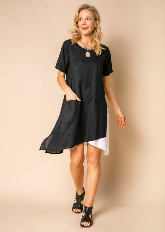 Women's Short Dress Black Size M Cotton Linen Asymmetrical Hem 0