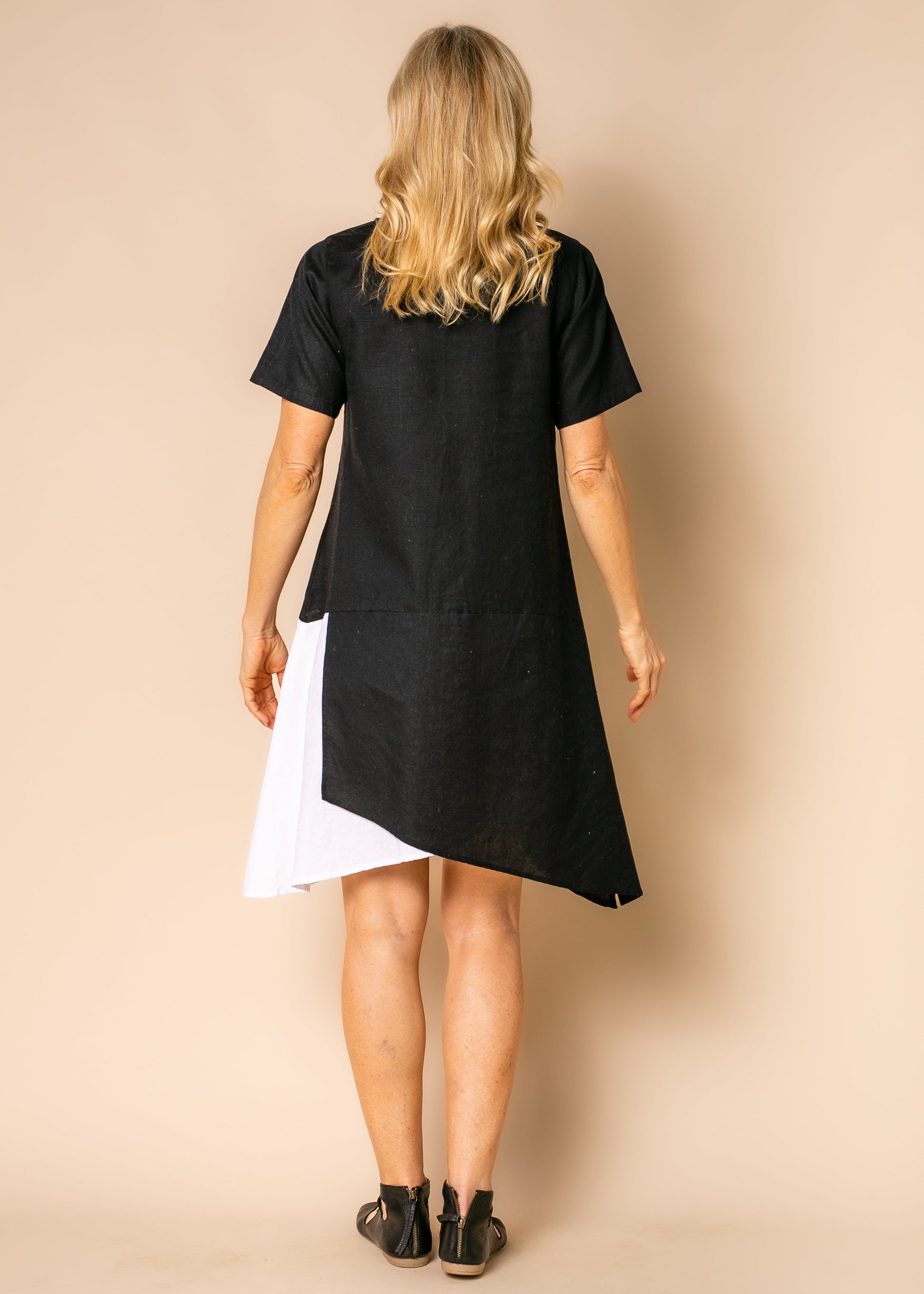 Women's Short Dress Black Size M Cotton Linen Asymmetrical Hem 1