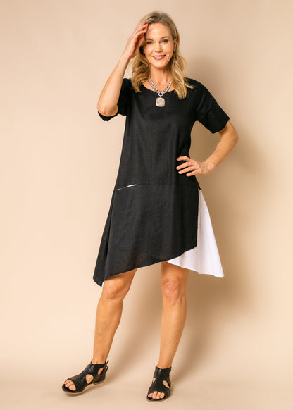 Women's Short Dress Black Size M Cotton Linen Asymmetrical Hem 2