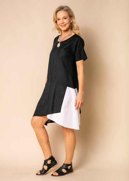 Women's Short Dress Black Size M Cotton Linen Asymmetrical Hem 3